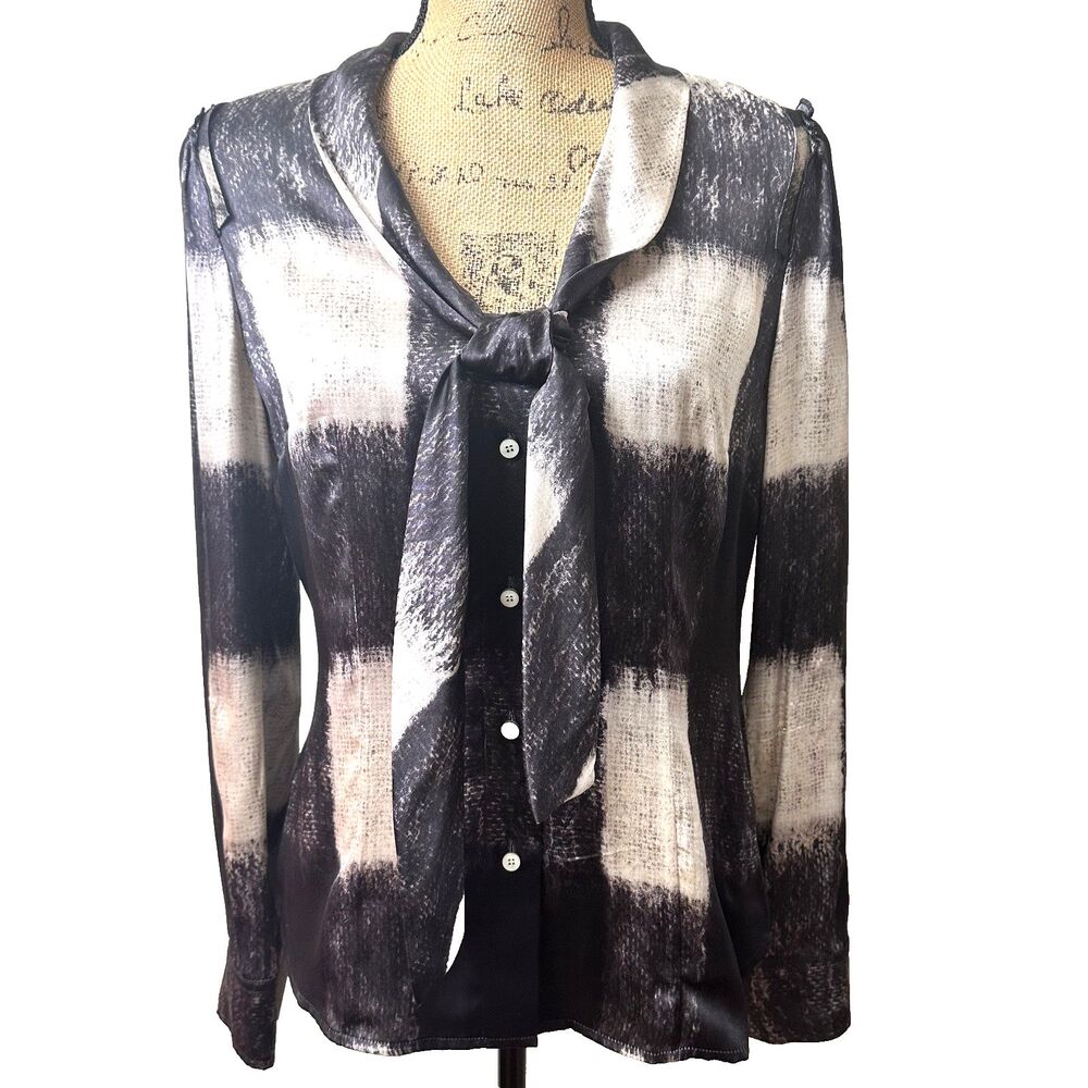 ECCOCI Women's Gray Black Abstract Block Print Tie Neck Long Sleeve Blouse Sz 8